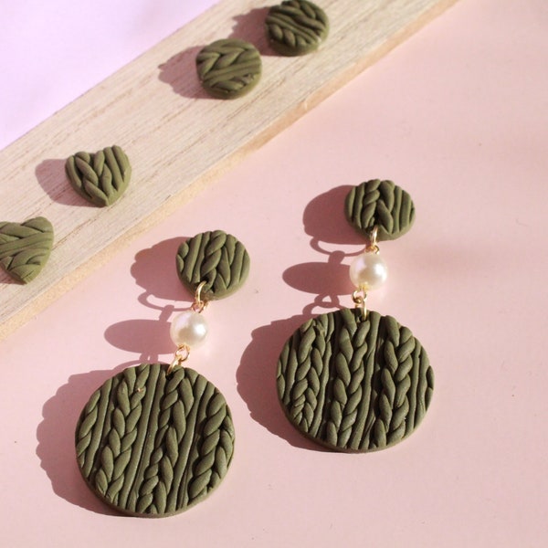 Green Knit Pattern - Polymer Clay Earrings