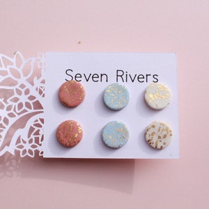 Polymer Clay Stud Earrings - Pink, Blue & White with Gold Accents