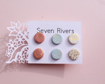 Polymer Clay Stud Earrings - Pink, Blue & White with Gold Accents