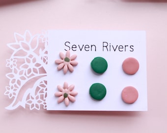 Light Pink Daisy, Green & Pink Clay Stud Earrings - Handmade with Polymer Clay