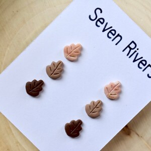 May include: Set of six leaf-shaped earrings in shades of brown, pink, and beige. The earrings are displayed on a white card with the text "Seven Rivers".