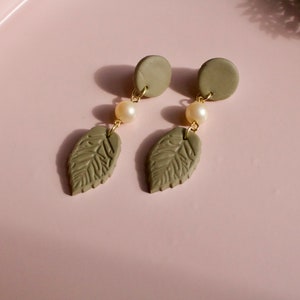 Olive green collection - Dangle Leaf - Handmade Polymer Clay Earrings