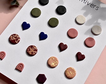 Clay Stud Earrings (10 Pairs) - Matte & Gold Accents - Large - Handmade with Polymer Clay