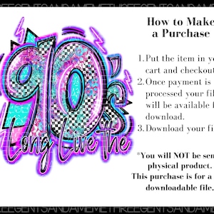 Pode incluir: Um download digital de um design gr&aacute;fico com o texto "90's Long Live the" em um esquema de cores rosa e azul neon com um fundo xadrez. O design lembra o estilo da d&eacute;cada de 1990.