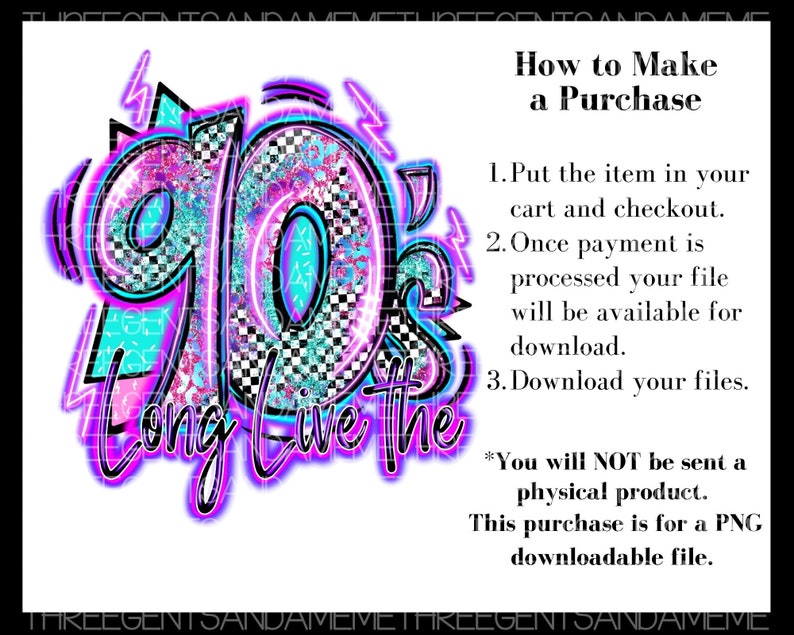Pode incluir: Um download digital de um design gr&aacute;fico com o texto "90's Long Live the" em um esquema de cores rosa e azul neon com um fundo xadrez. O design lembra o estilo da d&eacute;cada de 1990.