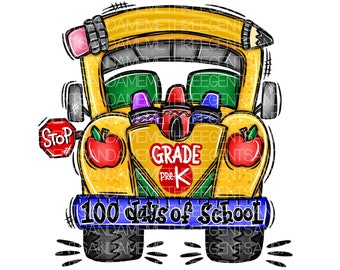 100th Day of School Clipart, Pre K, Custom Sublimation File, Elementary School Shirt Design for Boys and Girls, Teacher Hand Drawn PNG