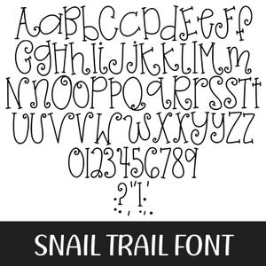 May include: A black and white font set featuring uppercase and lowercase letters, numbers, and punctuation marks. The font, named "Snail Trail Font", has a whimsical, curly design, perfect for creative projects.