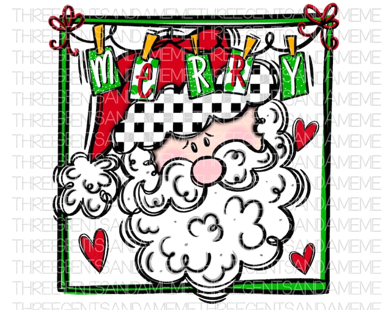 May include: A cartoon illustration of Santa Claus with a black and white checkered hat and a white beard. The word "Merry" is spelled out in red and green letters with a string of lights above Santa's head.