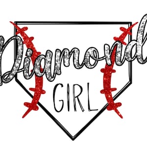 Puede incluir: Un gr&aacute;fico de diamante de b&eacute;isbol con la palabra "Diamond Girl" en su interior. El diamante es negro y blanco, y las pelotas de b&eacute;isbol son rojas con costuras blancas.