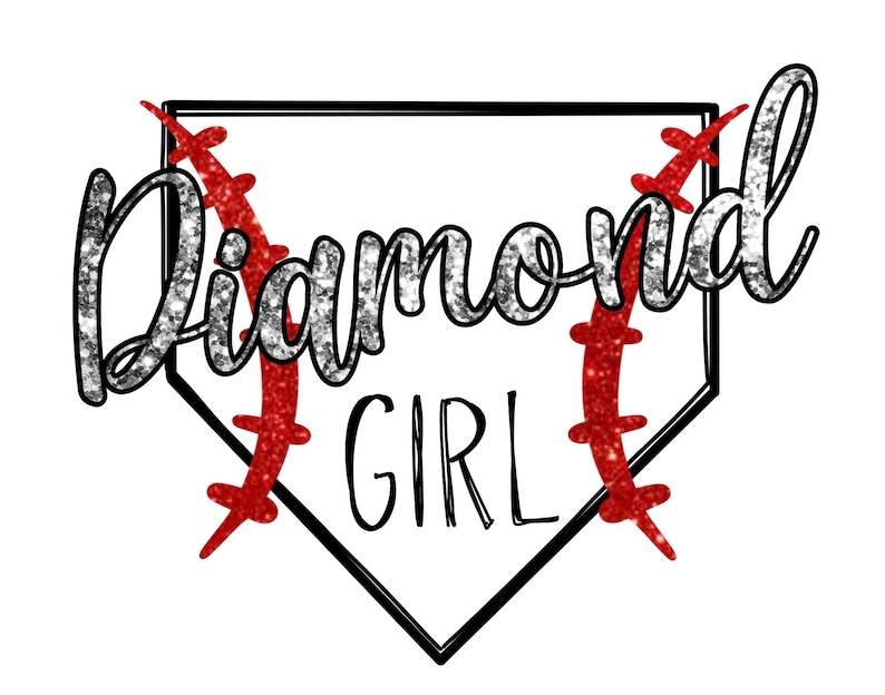 Puede incluir: Un gr&aacute;fico de diamante de b&eacute;isbol con la palabra "Diamond Girl" en su interior. El diamante es negro y blanco, y las pelotas de b&eacute;isbol son rojas con costuras blancas.