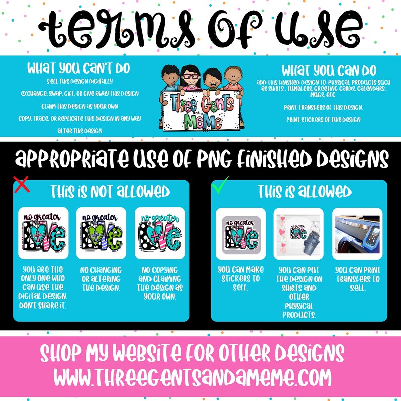May include: Terms of use for a digital design. The image shows a graphic with the text "No Greater Love" and a heart with a cross. The graphic is shown in different ways, including on a t-shirt, a sticker, and a printed transfer. The text "Three Cents and a Meme" is also visible.