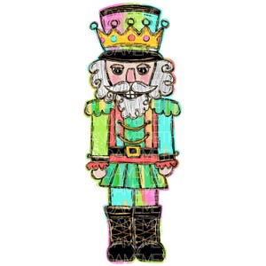May include: A colorful, cartoon-style nutcracker with a green, red, and blue striped uniform, a gold crown, and a white beard. The nutcracker is standing on a white background.