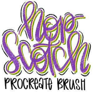 Può includere: Illustrazione digitale su sfondo bianco con la scritta "Hopscotch" in grandi lettere viola strutturate con accenti gialli e verdi. Sotto, il testo "Procreate Brush" è in grassetto nero.