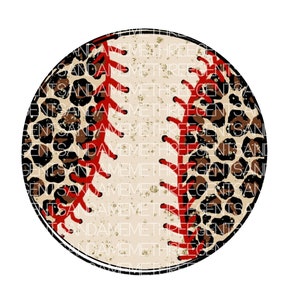 May include: A baseball with a leopard print design. The baseball has red stitching and a white background.