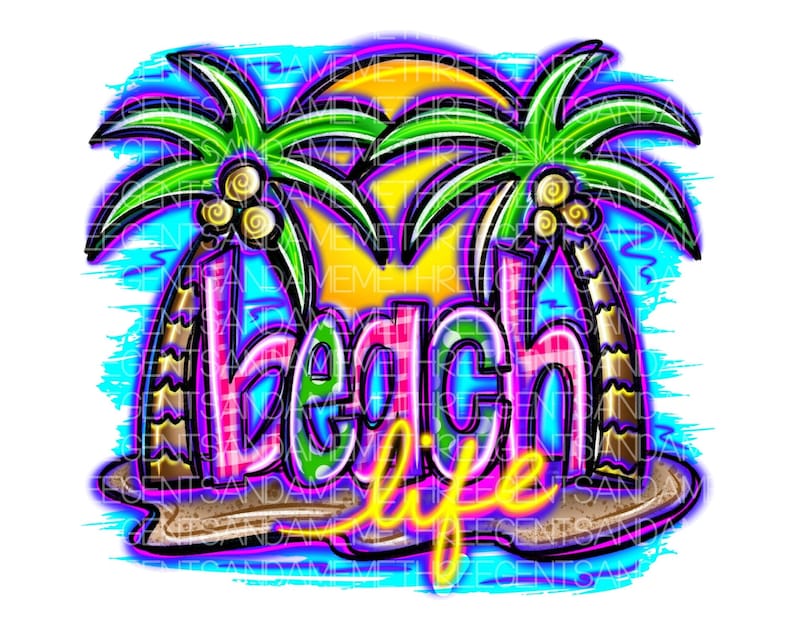 Pu&ograve; includere: Un design grafico colorato con due palme e il testo "beach life" in uno stile neon luminoso.