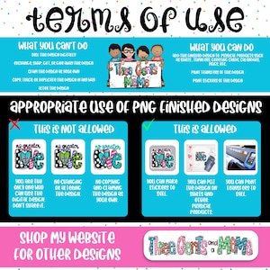 May include: A graphic with the text "Terms of Use" and "Three Gents and a Meme." The image details what is and isn't allowed when using the designs, including selling digital designs and altering them. It also shows appropriate uses.