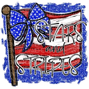 May include: A red, white, and blue American flag with a blue bow on top. The flag has the words "Stars and Stripes" written on it.