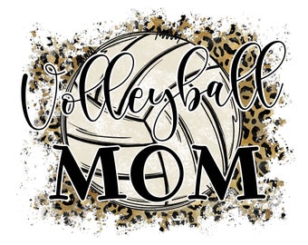 Puede incluir: Un balón de voleibol blanco con líneas negras está rodeado de un patrón de leopardo marrón y negro. El texto "Volleyball Mom" está escrito en cursiva negra.