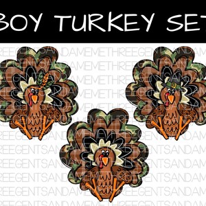 May include: Three digital images of turkeys with camouflage feathers. The turkeys are brown with orange beaks and legs. The turkeys are wearing hats. The text "BOY TURKEY SET" is at the top of the image.