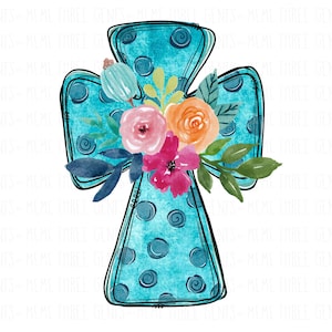 Sublimation Designs, Hand Drawn Cross PNG, Christian Shirt Design, Transparent PNG file for Sublimation, Cross Digital Download, Floral PNG