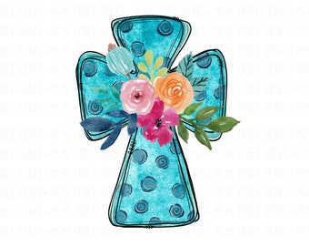 Sublimation Designs, Hand Drawn Cross PNG, Christian Shirt Design, Transparent PNG file for Sublimation, Cross Digital Download, Floral PNG