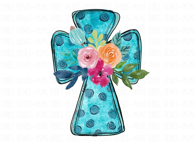 K&ouml;nnte beinhalten: Ein t&uuml;rkisblaues Kreuz mit wei&szlig;en Punkten und einem schwarzen Umriss. Das Kreuz ist mit einem Aquarell-Blumenarrangement aus rosa, orange und roten Blumen verziert.