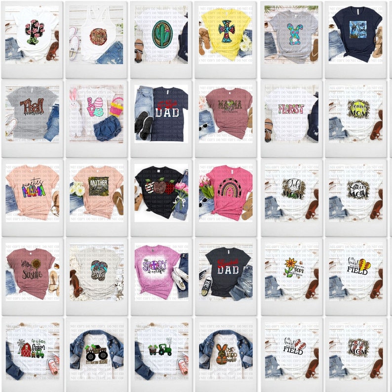 Puede incluir: Una colecci&oacute;n de 20 dise&ntilde;os de sublimaci&oacute;n diferentes con varios temas, que incluyen familia, granja y naturaleza. Los dise&ntilde;os se muestran en camisetas blancas, con algunos dise&ntilde;os que incluyen texto como "Mama", "Pap&aacute;", "Granja" y "Campo".