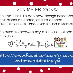 Pode incluir: Um gr&aacute;fico azul e branco com o texto "JOIN MY FB GROUP!" e um link para um grupo do Facebook para designs digitais desenhados &agrave; m&atilde;o. O gr&aacute;fico tamb&eacute;m inclui um cora&ccedil;&atilde;o e o texto "Shelley & the Three Gents".