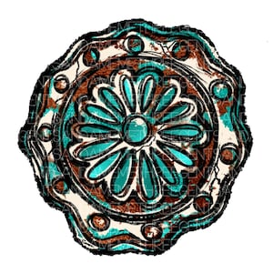 K&ouml;nnte beinhalten: Ein t&uuml;rkisblaues und braunes Mandala mit einem floralen Design. Das Mandala hat einen abgenutzten, Vintage-Look.