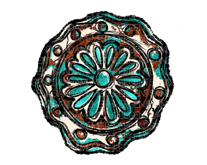 K&ouml;nnte beinhalten: Ein t&uuml;rkisblaues und braunes Mandala mit einem floralen Design. Das Mandala hat einen abgenutzten, Vintage-Look.