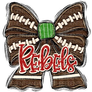May include: A brown and white football-themed bow with a green football field design in the center. The bow has the word "Rebels" written in red cursive.