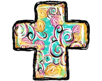 May include: A colorful cross with a turquoise background and a floral pattern. The cross is outlined in black and has a gold-like sheen.