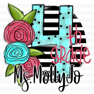 May include: A colorful graphic design featuring a blue and white polka dot number four, the word "grade" and the text "Ms. Molly Jo". The design is surrounded by pink and blue flowers with green leaves on a black and white striped background.