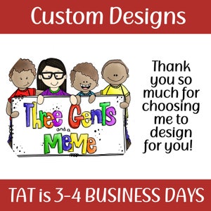 May include: Illustration of three cartoon boys and a woman holding a sign that says "Three Gents and a MeMe". The sign is white with colorful letters. The woman is wearing glasses and a purple shirt. The boys are wearing different colored shirts. The background is red.
