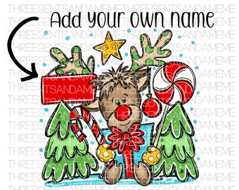 Reindeer Sublimation Design, Hand Drawn Personalizable  PNG, Instant Digital Download, Little Boys Christmas Shirt Design, Add Your Own Name