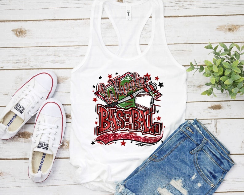 May include: White tank top with a red, white, and green graphic that says "Wheelie Baseball" with a baseball and bat. The graphic has red glitter accents and stars.