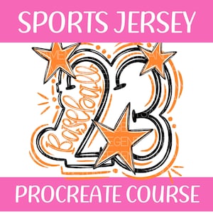 Peut inclure: Un design numérique avec les mots "SPORTS JERSEY" et "PROCREATE COURSE" en blanc sur un fond rose. Le design comprend le chiffre "23" avec des étoiles orange et le mot "Baseball" en orange.