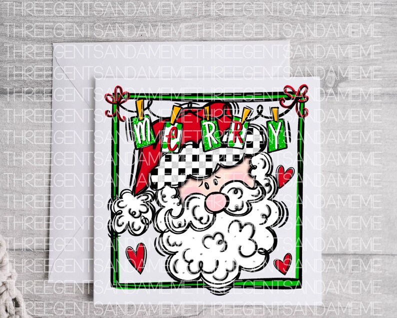 May include: A cartoon illustration of Santa Claus with a black and white checkered hat and a white beard. The word "Merry" is spelled out with red and green letters hanging from clothespins above his head.