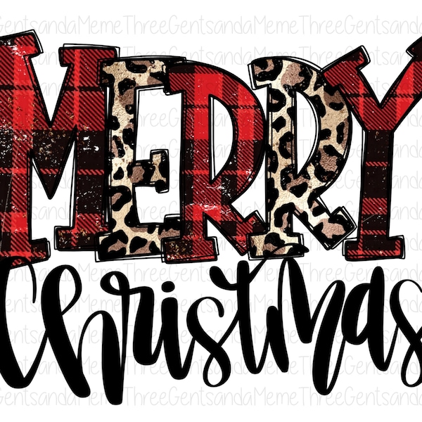 Red Plaid Merry Christmas Iron On Transfer, Cheetah Print, Sublimation, Instant Digital Download PNG, Cute Hand Drawn, Design Elements,