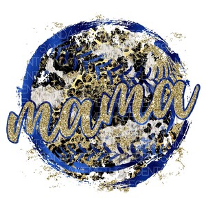 May include: A blue and gold circle with a leopard print design and the word "mama" in gold glitter lettering.