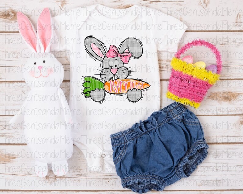 Personalized Easter Bunny, Girl Shirt PNG, Hand Drawn Clipart, Instant Digital Download, Printable Sublimation Design, Transparent PNG image 3