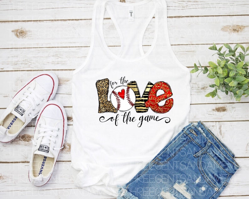 May include: White tank top with a graphic of the word "love" made of baseballs, leopard print, and stripes. The text "for the love of the game" is written below the graphic.