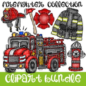 以下が含まれることがあります： 赤い消防車、消防士のヘルメット、斧、ジャケット、消火栓を特徴とするデジタルクリップアートバンドル。「firefighter collection」と「Clipart bundle」の文字が画像に表示されています。