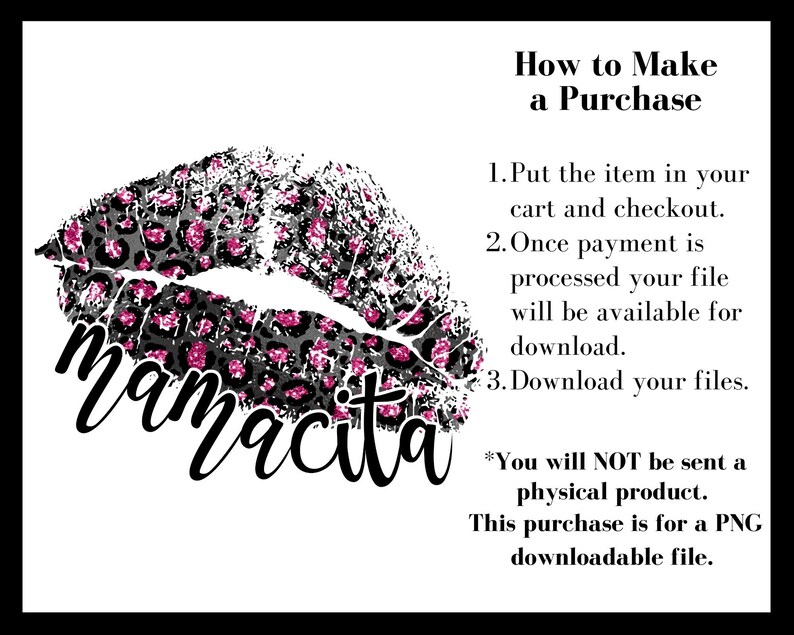 Pu&ograve; includere: Un download digitale di un design grafico con un labbro a stampa leopardata rosa e nera con la parola "Mamacita" scritta in corsivo nero.
