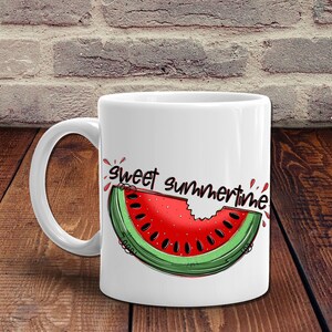 May include: White ceramic mug with a red and green watermelon slice graphic and the text "sweet summertime".
