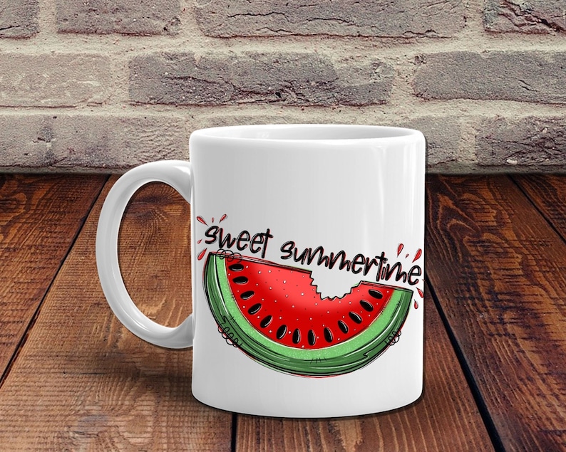 May include: White ceramic mug with a red and green watermelon slice graphic and the text "sweet summertime".