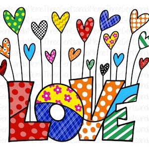 Könnte beinhalten: Eine farbenfrohe Illustration des Wortes „LOVE“ mit einem verspielten Design. Die Buchstaben bestehen aus verschiedenen Mustern und Farben, darunter Punkte, Streifen und Karomuster. Es gibt auch mehrere Herzen in verschiedenen Farben und Mustern, die das Wort umgeben.