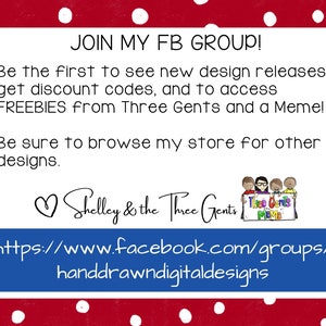 May include: Join a Facebook group for hand-drawn digital designs. The image shows a blue button with the text "https://www.facebook.com/groups/handdrawndigitaldesigns" and a logo with the text "Three Gents Meme".