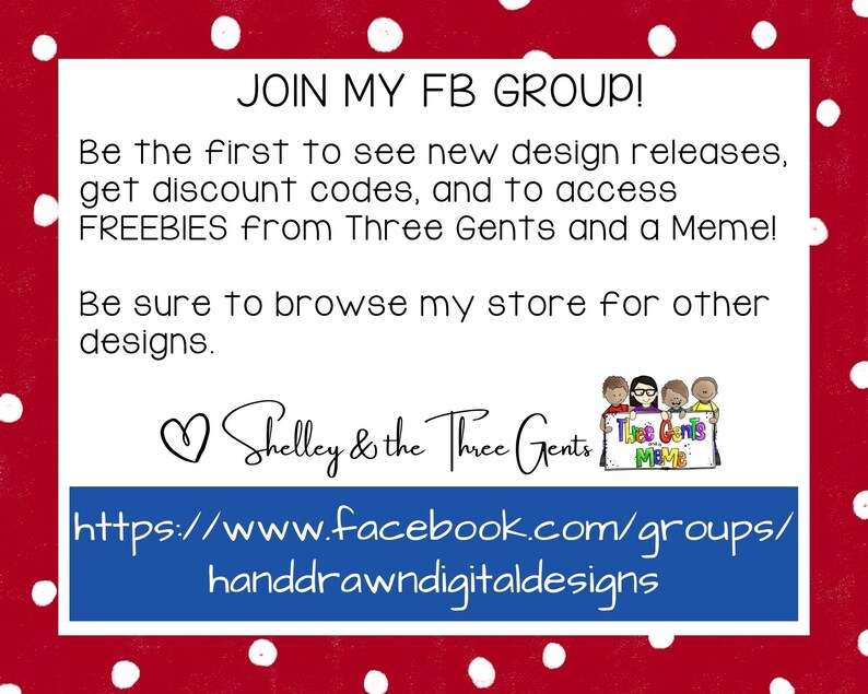 May include: Join a Facebook group for hand-drawn digital designs. The image shows a blue button with the text "https://www.facebook.com/groups/handdrawndigitaldesigns" and a logo with the text "Three Gents Meme".