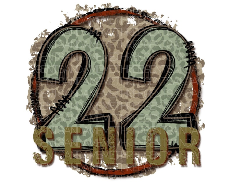 Puede incluir: Un gr&aacute;fico redondo, desgastado, marr&oacute;n y verde con el n&uacute;mero 22 y la palabra "Senior" en una fuente desgastada.
